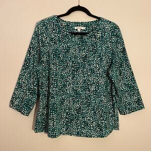 Chico's Green Black White Spotted Crewneck 3/4 Sleeve Shirt Women's size 3 / XL